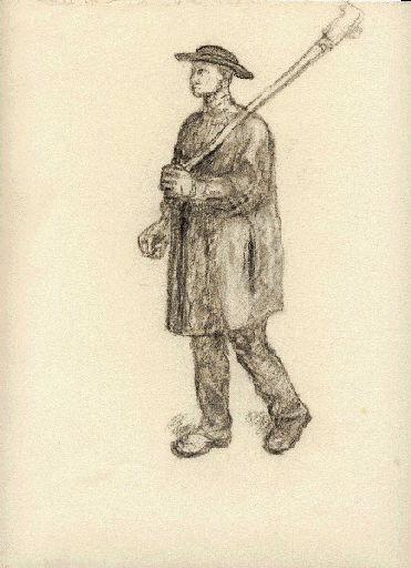 Homme debout vêtu d'une blouse, coiffé d'un chapeau rond (Titre factice)