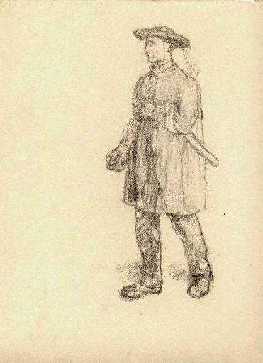Homme debout de 3/4 vêtu d'une blouse et d'un chapeau (Titre factice)
