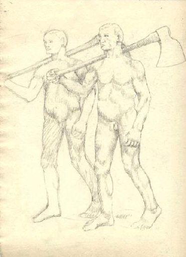 Deux hommes nus de 3/4 marchant à gauche (Titre factice)