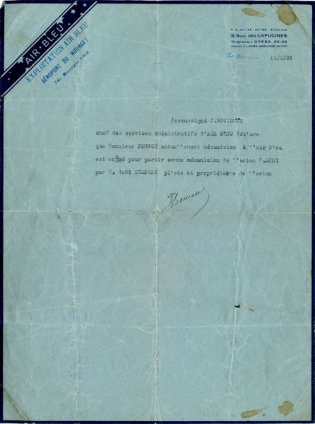 Attestation d'emploi par Air Bleu pour André Prévot