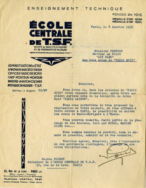 Courrier de l'école Centrale de T.S.F adressé à André Prévot