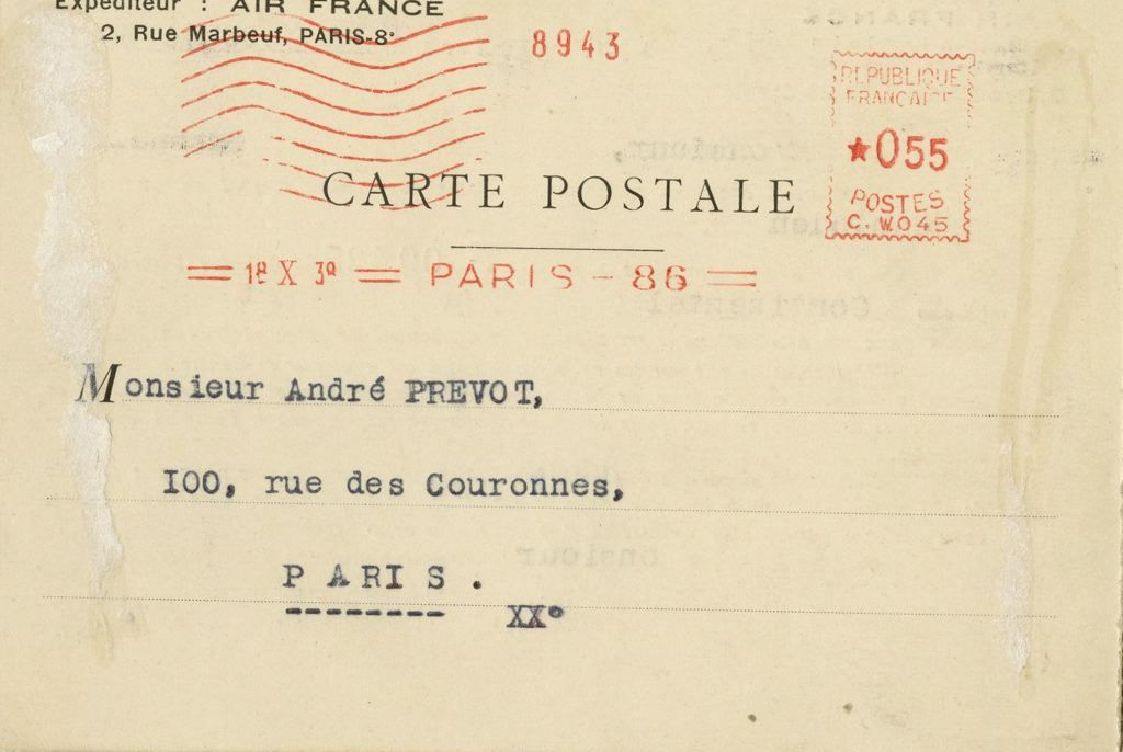 Carte postale d'Air France adressée à André Prévot