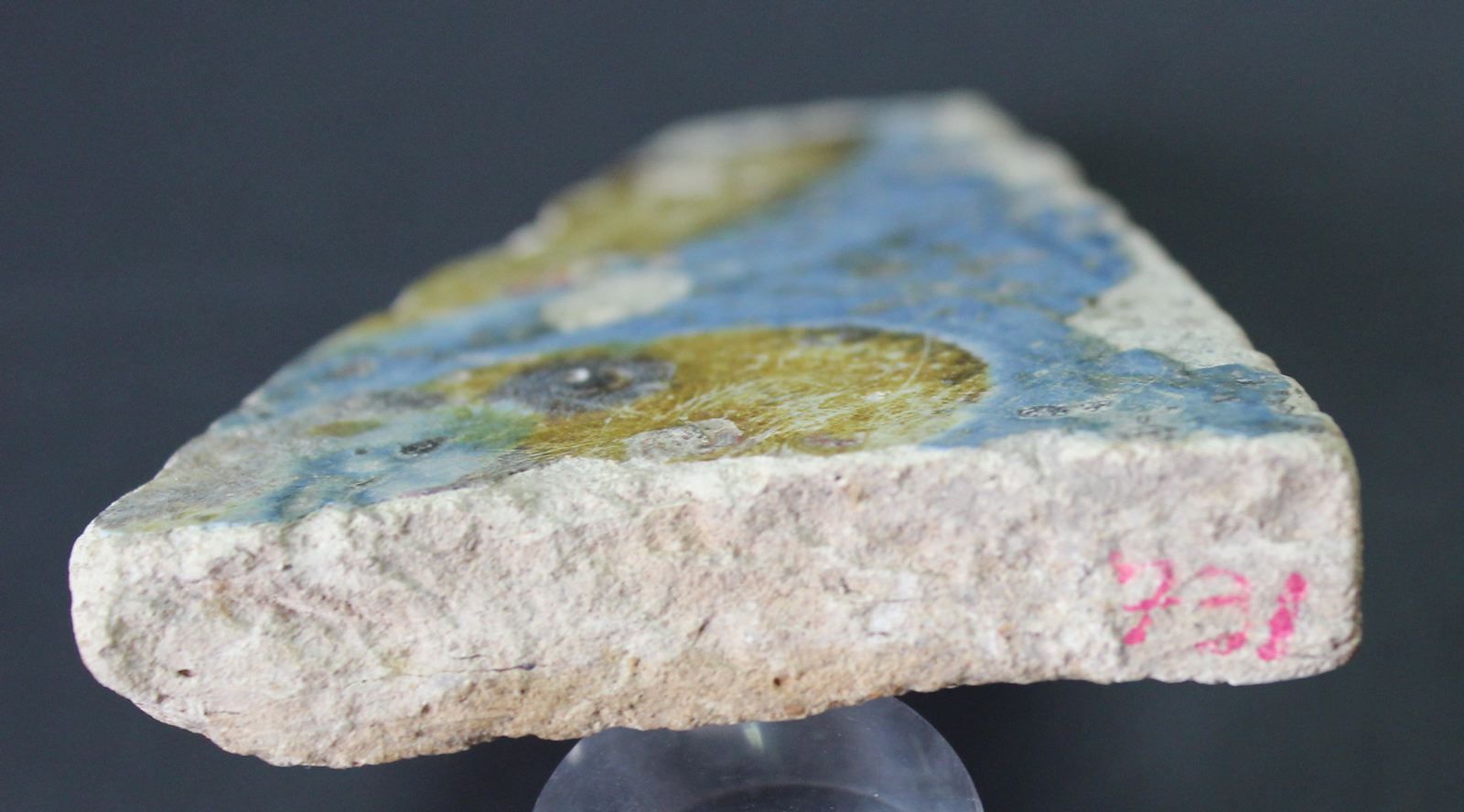 Carreau orné d'une fleurs de lys et portant une caricature .