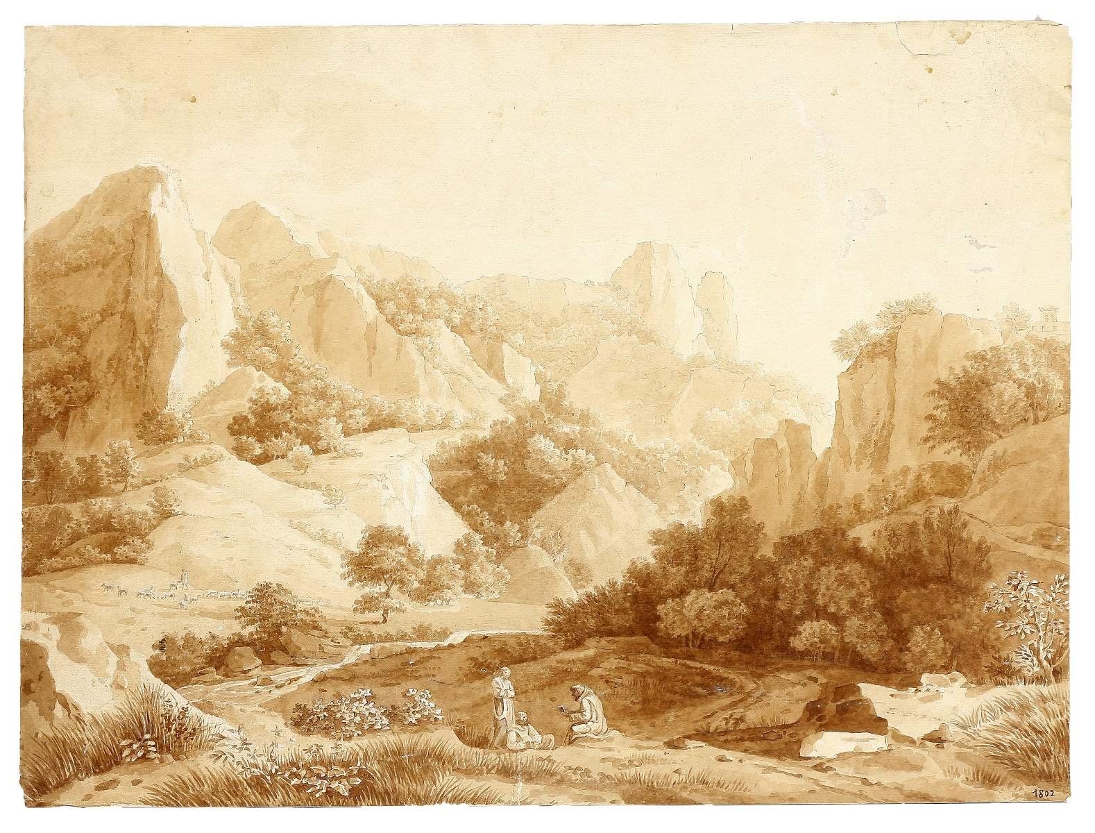 Paysage de rochers avec trois personnages
