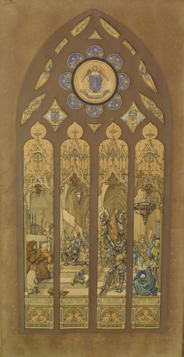 Action de grâce à la cathédrale Sainte-Croix d'Orléans ; Esquisse de verrière sur la vie de Jeanne d'Arc
