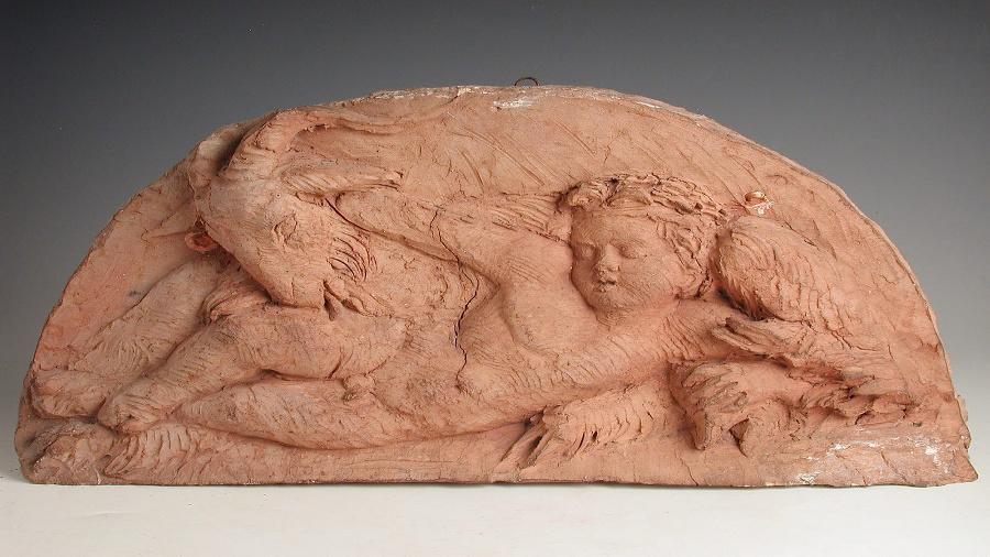 Bacchus nu et couché entre les pattes d'un bouc (chèvre ?)