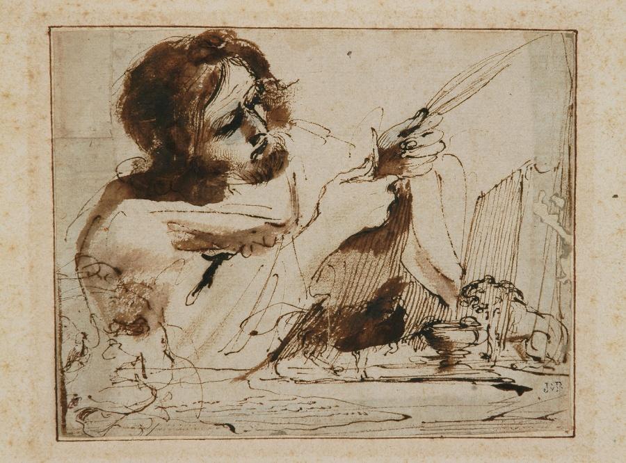 Saint Marc taillant sa plume pour écrire l'Evangile