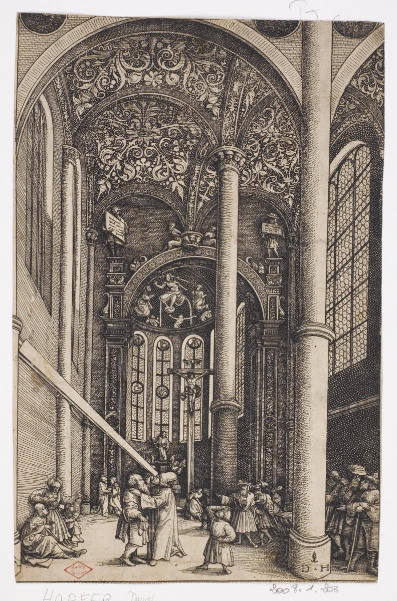 Intérieur d'une église avec la parabole de la paille et de la poutre