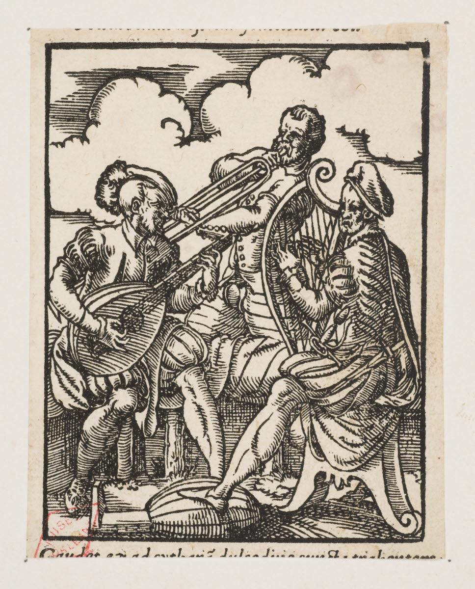 Trois musiciens (harpiste, luthiste et tromboniste)