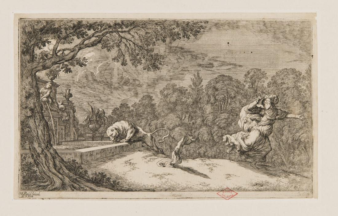 Une femme fuyant un lion dans un paysage
