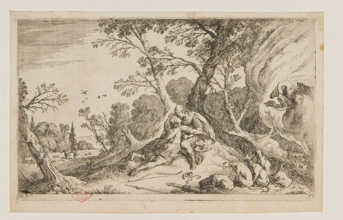 Deux personnages dans un paysage avec des chiens et un attelage de cygnes (Céphale et Procris ?)