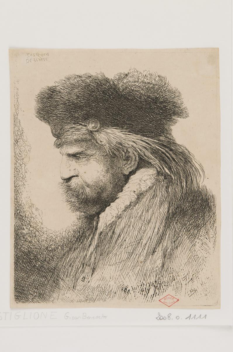 Tête d'homme barbu de profil coiffé d'une toque de fourrure