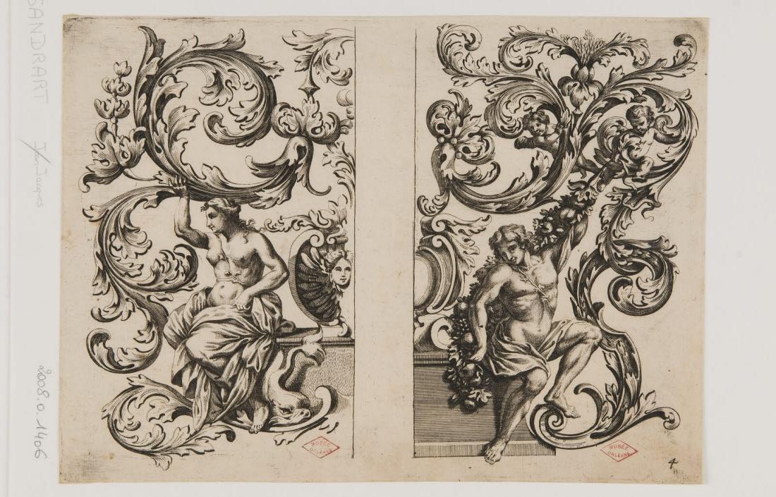 Deux figures féminine et masculine dans des rinceaux