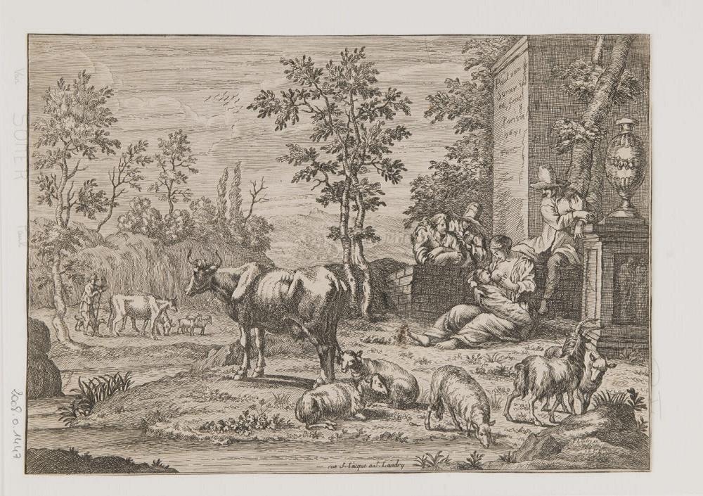 Troupeau et personnages dont une femme allaitant