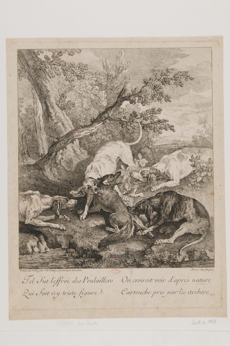 Scène de chasse, quatre chiens attaquant un renard