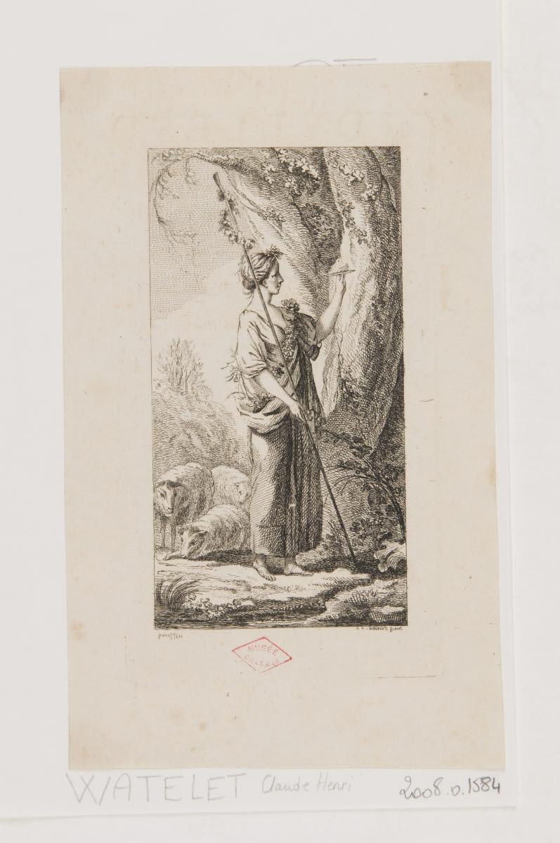 Bergère gravant sur un arbre