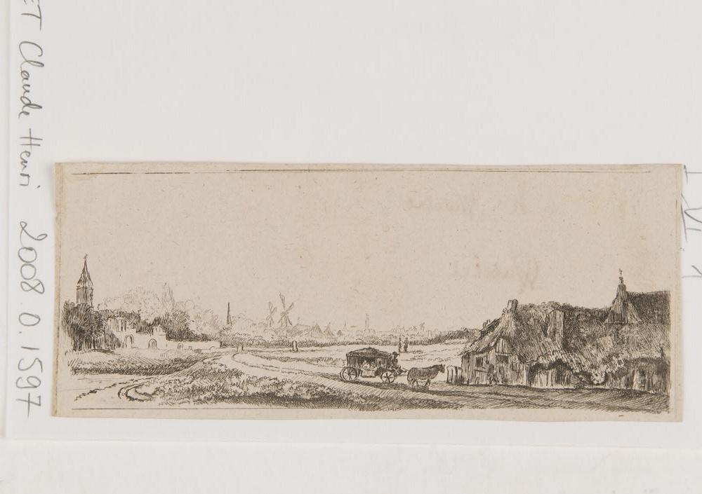 Paysage avec une charrette  et une maison à droite