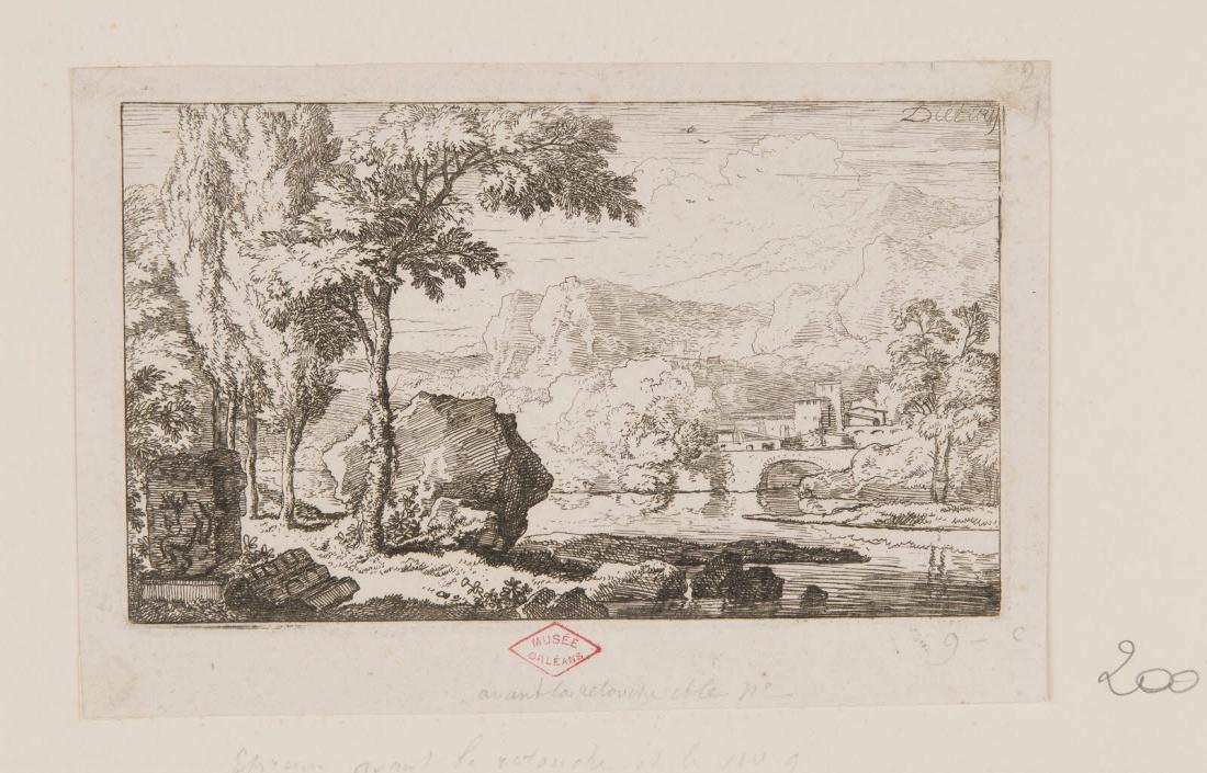 Paysage avec une rivière et des bâtiments au loin