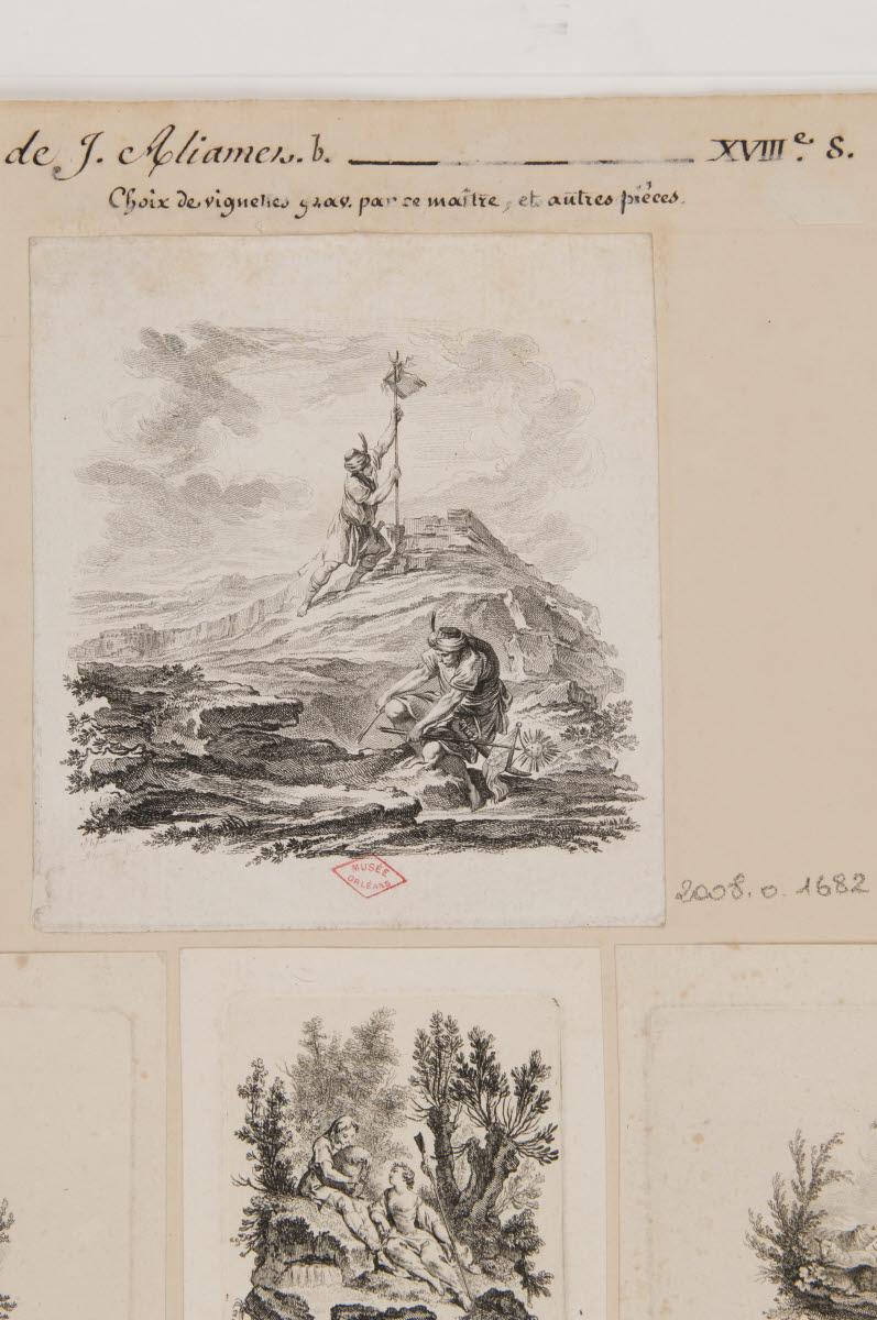 Deux hommes coiffés de turban dont l'un plante un étendard