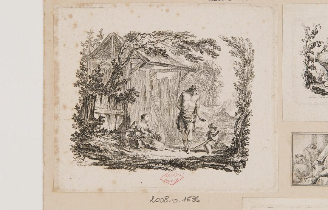 Une femme, deux enfants et un homme près d'une cabane