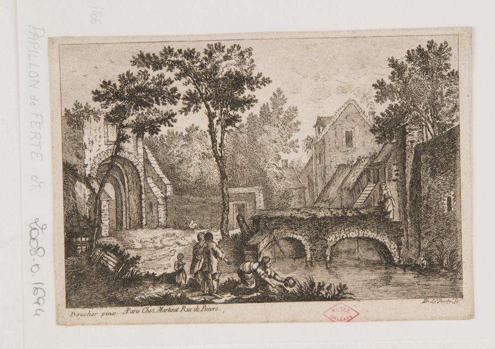 Paysage au bord d'une rivière avec un pont et une femme puisant de l'eau