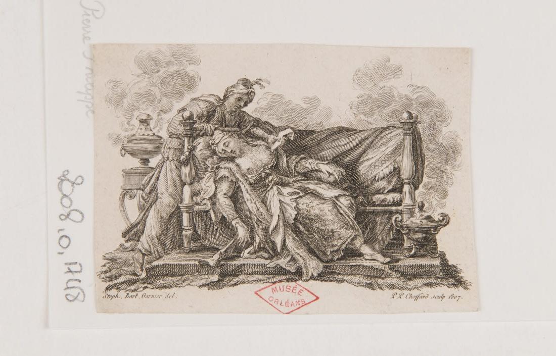 Une femme évanouie sur un divan et sa servante