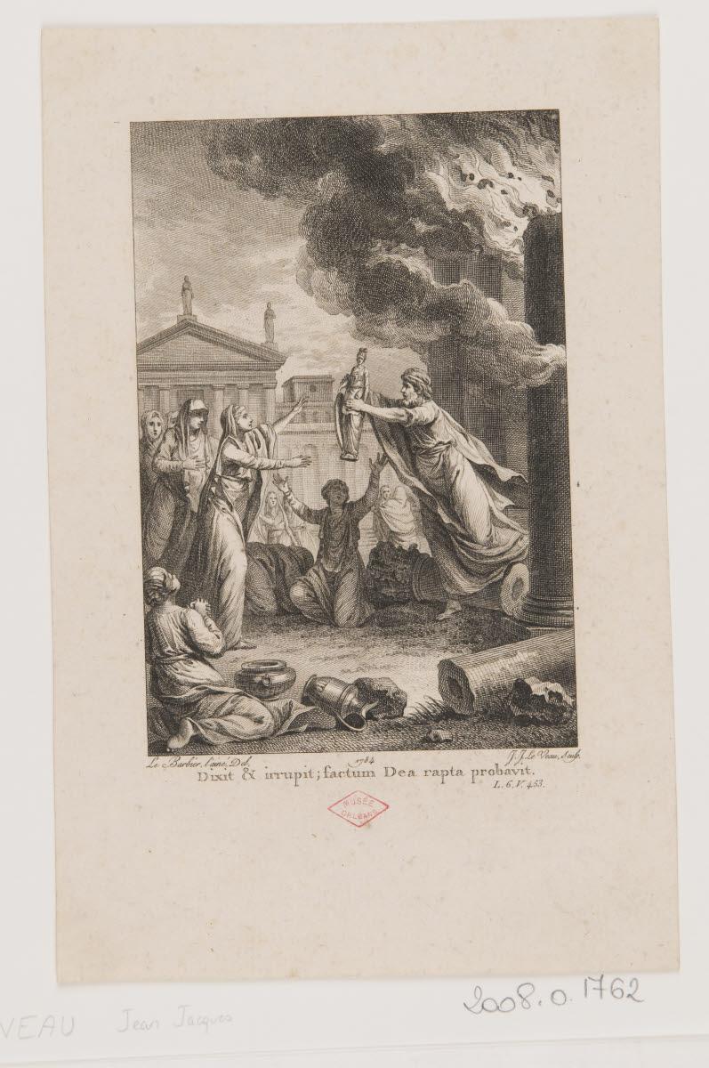 Un homme sauvant une statue d'Athéna d'un temple en flamme