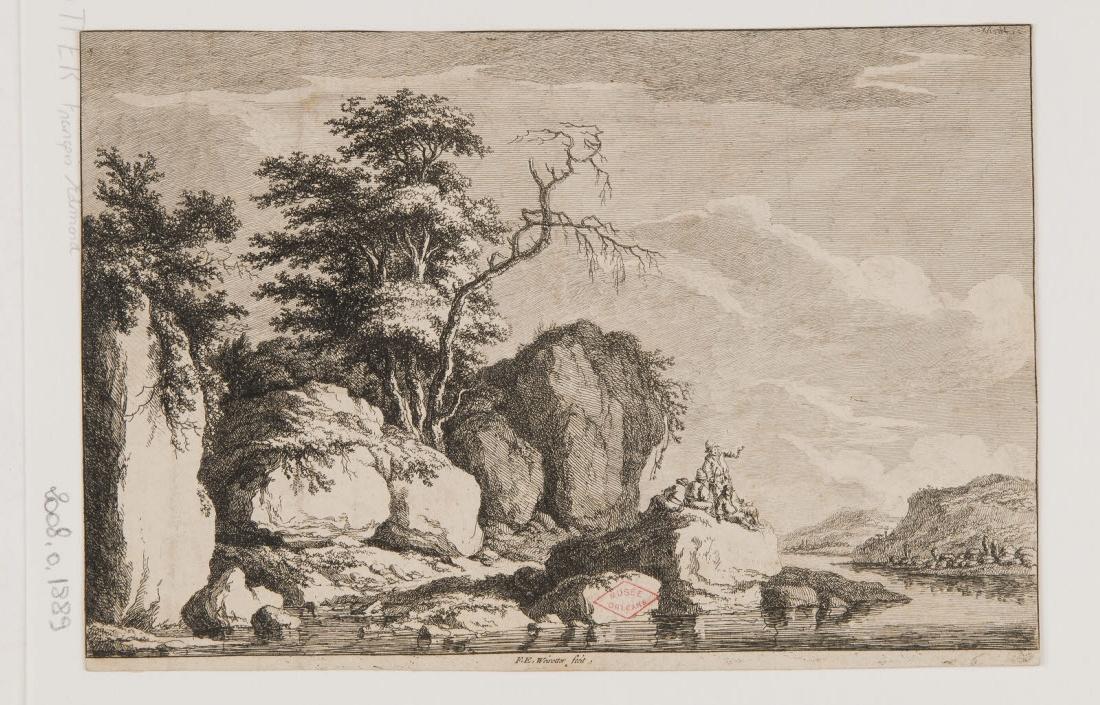 Escarpement rocheux au bord d'une rivière avec quatre personnages