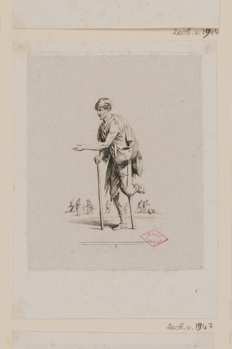 Un mendiant avec une jambe de bois demandant l'aumône