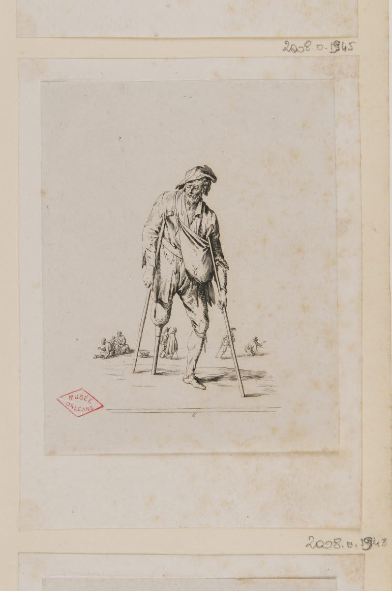 Un mendiant avec une jambe de bois soutenu par deux béquilles