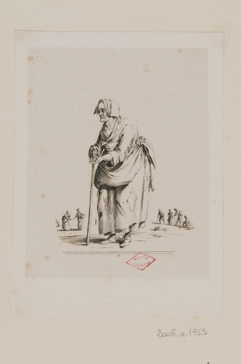 Une mendiante appuyée sur une canne