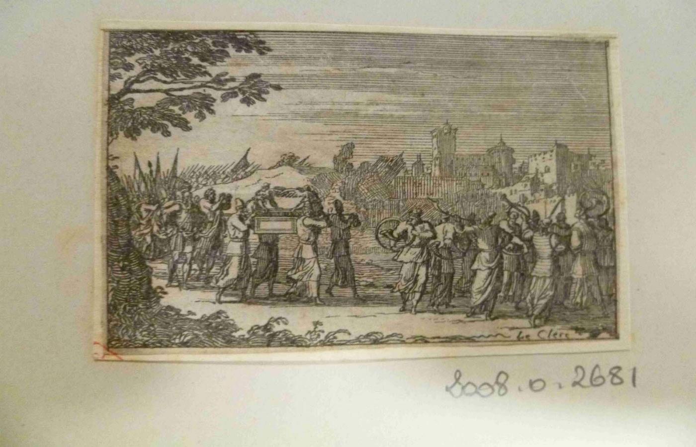 Procession des Israélites quittant Jericho, avec des soldats sonnant le cor et quatre prêtres portant l'Arche