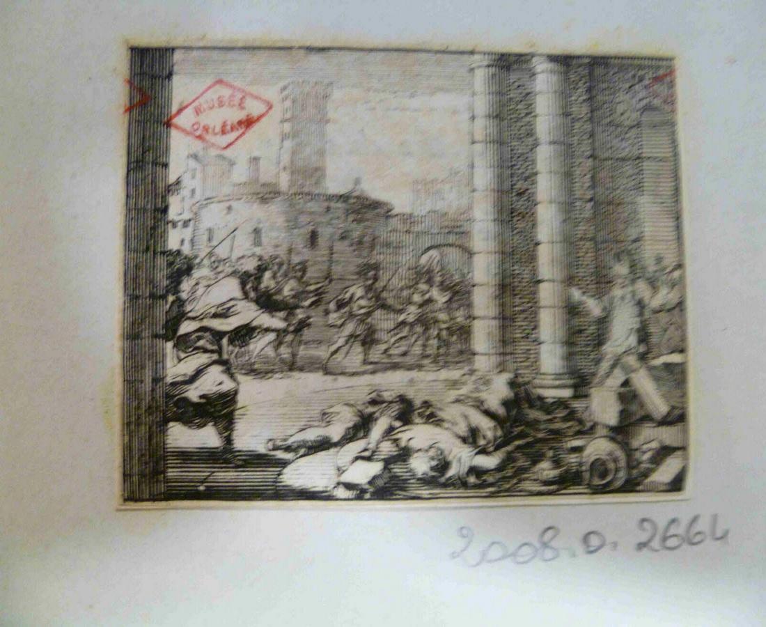 Deux hommes étendus morts à l'entrée d'un temple, à droite le grand prêtre Mattathias a les bras levés au ciel, soldats et personnages à gauche