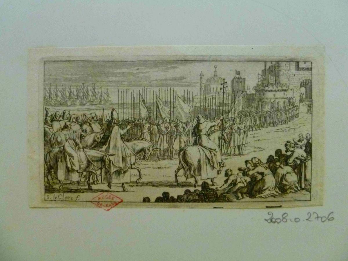 Cortège ecclésiastique accueilli avec révérence à son entrée dans la ville par toute la population, flotte de navires en arrière-plan