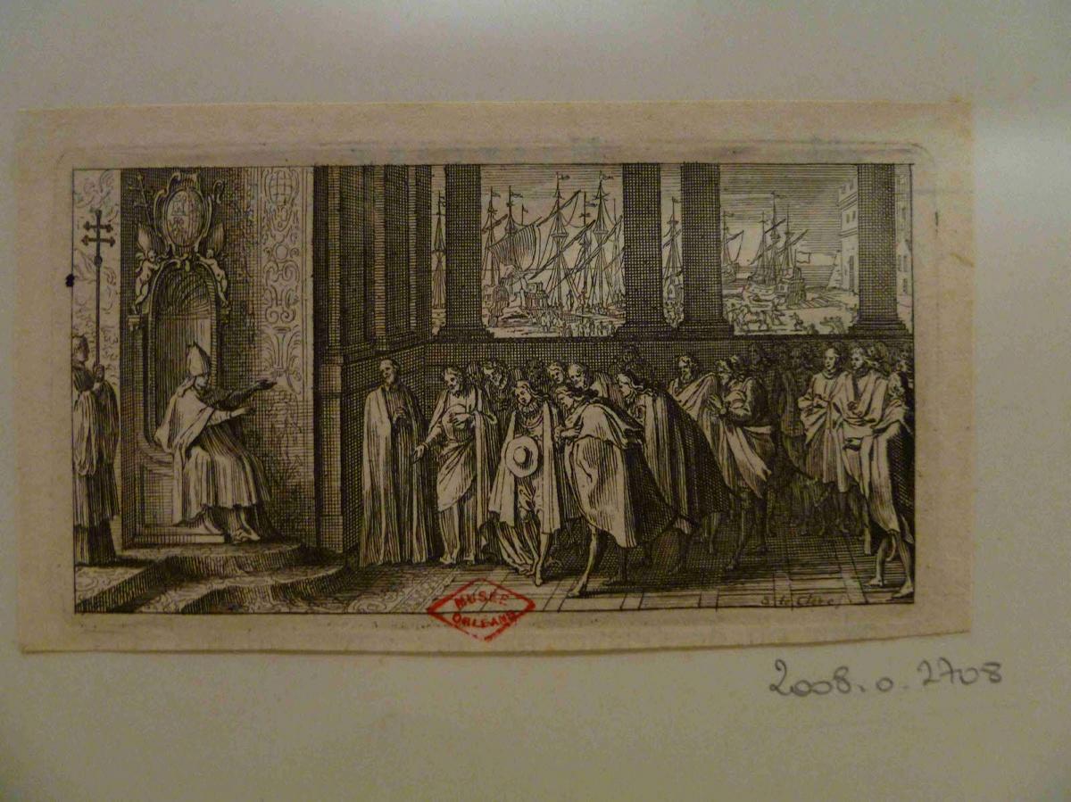 Un évêque sur son trône recevant des gentilhommes