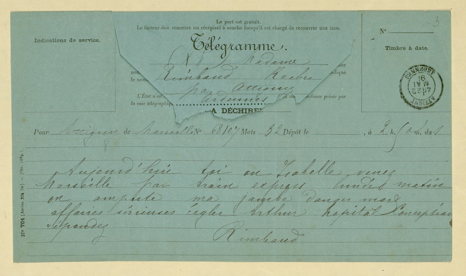 Télégramme d'Arthur Rimbaud du 22 mai 1891 (titre d'usage)