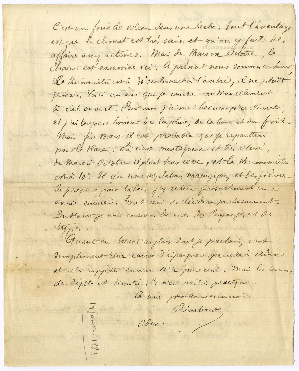 Lettre d’Arthur Rimbaud à sa mère et à sa soeur. Aden, 15 janvier 1883