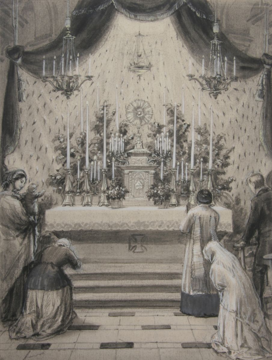 Scène de prière devant un autel