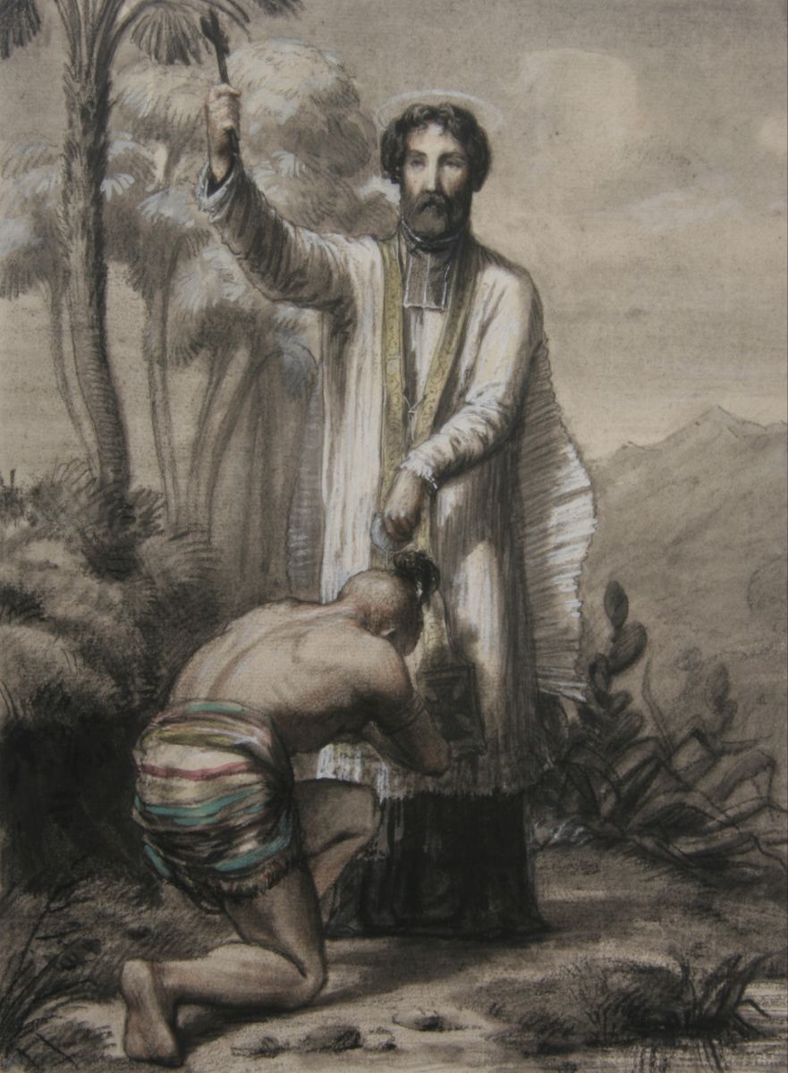 Prêtre missionnaire baptisant un autochtone