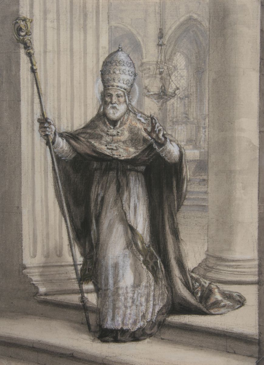 Pape bénissant, une crosse à la main droite