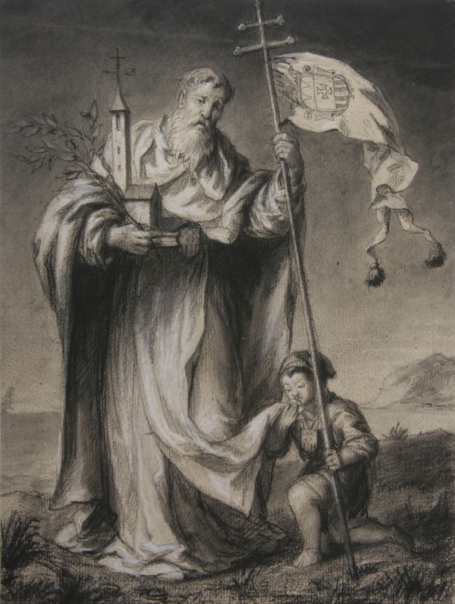 Personnage avec une église et une branche de laurier