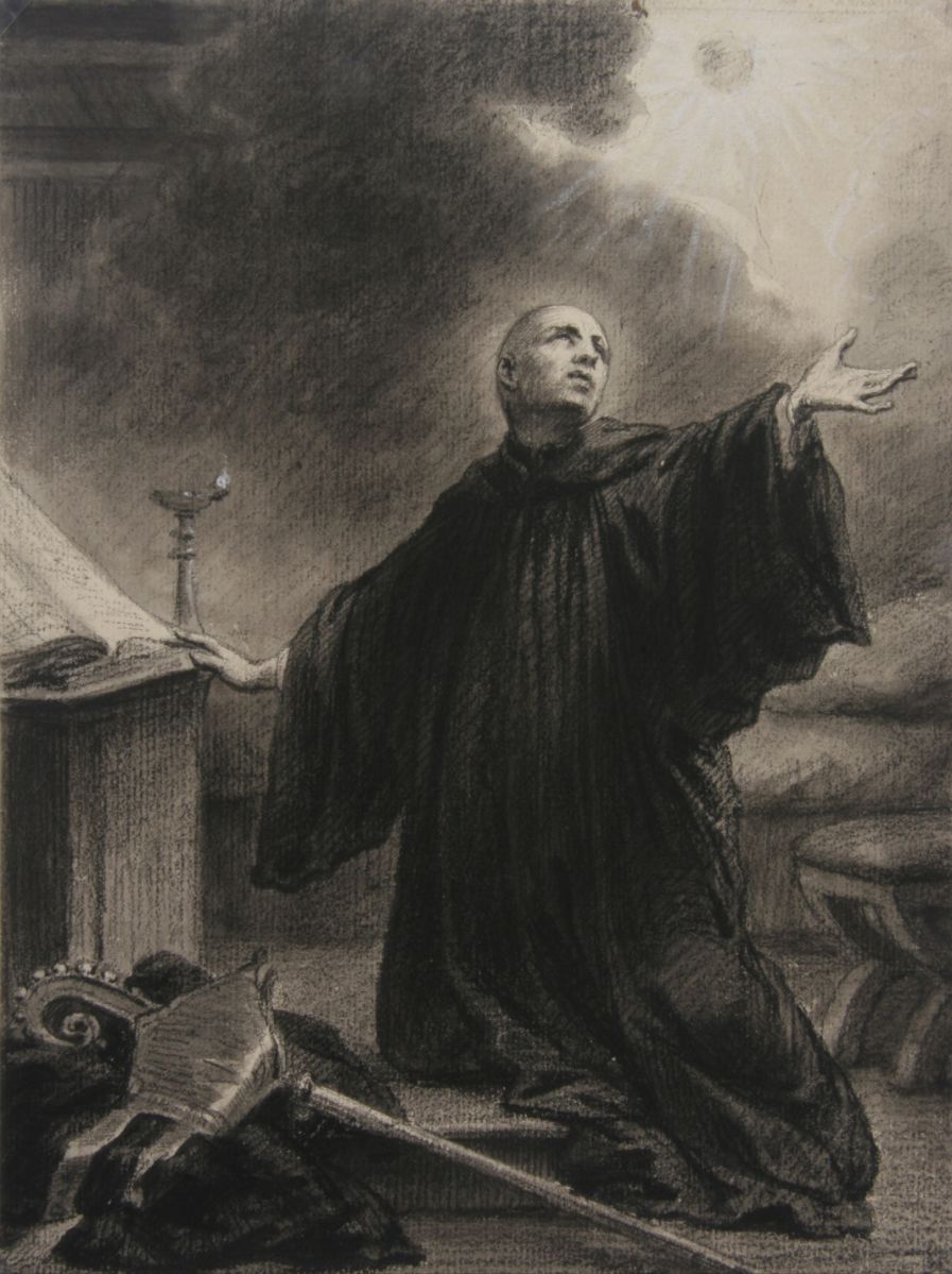 Evêque agenouillé en prière