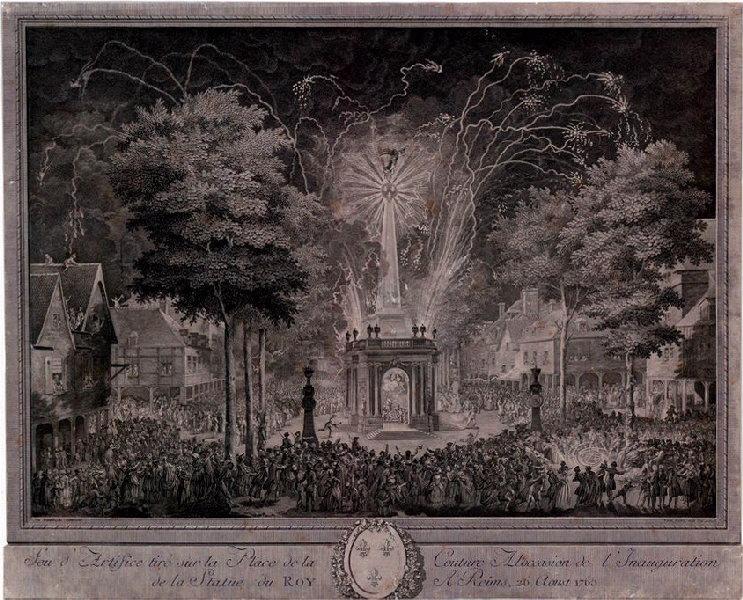 Feu d'artifice tiré sur la place de la Couture à l'occasion de l'inauguration de la statue du Roi à Reims le 26 août 1765