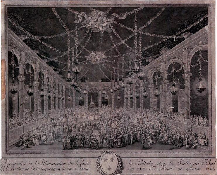 Perspective de l'illumination du cours le Pelletier et de la salle du bal, à l'occasion de l'inauguration de la statue du Roi à Reims, le 28 août 1765