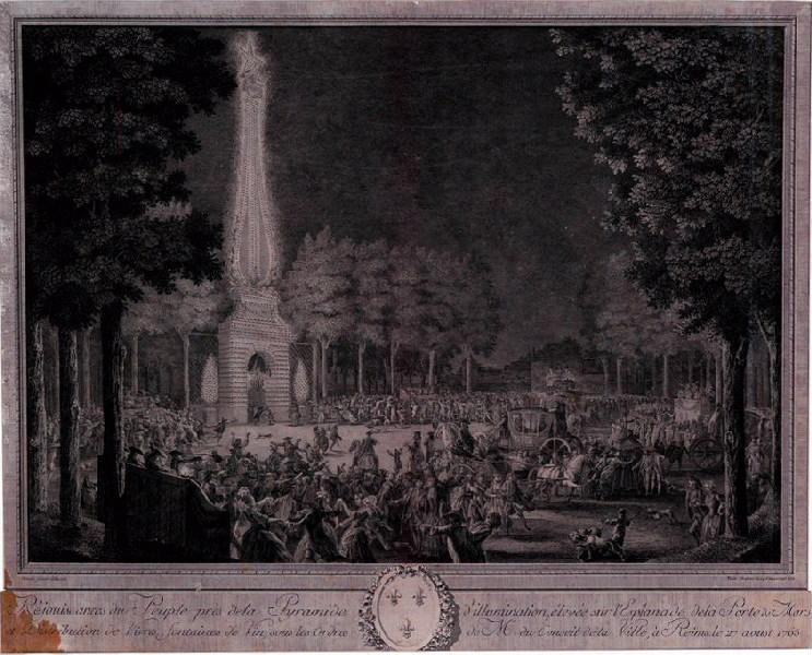 Réjouissances du Peuple près de la Pyramide d'illumination, élevée sur l'esplanade de la porte de Mars et distribution de vivres, fontaines de vin ; sous les ordres de Mrs, du Conseil de la Ville à Reims le 27 août 1765