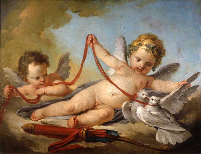 Amours jouant avec des colombes