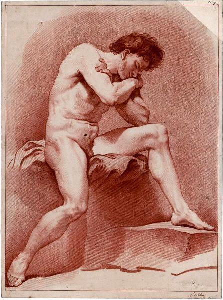 Académie d'homme, assis les bras croisés