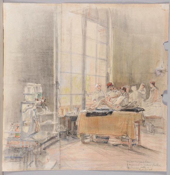 Hôpital du Grand Palais - pansement du docteur Bellot, salle 5, 27 janvier 1916. (titre inscrit)