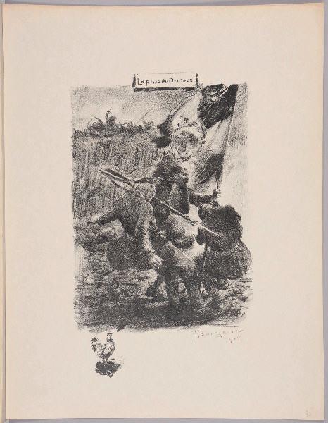 La prise du Drapeau (titre inscrit) ; Coq debout sur un casque à pointe (titre d'après la représentation, remarque lithographiée dans la marge)