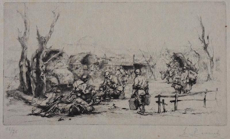 Le Parc automobile (titre attribué) ; Campement de soldats près d'un village : préparation du repas (ancien titre)